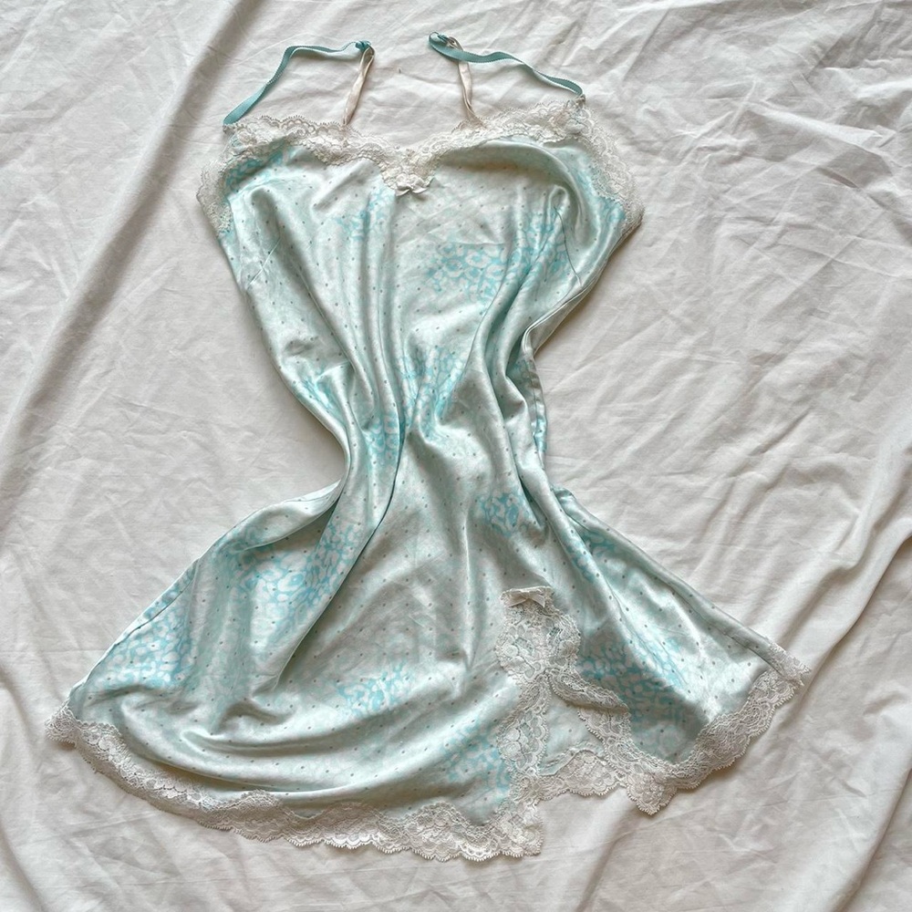 victoria’s Secret Blue and White Silk Satin Leopard Print Wedding Slip Dress